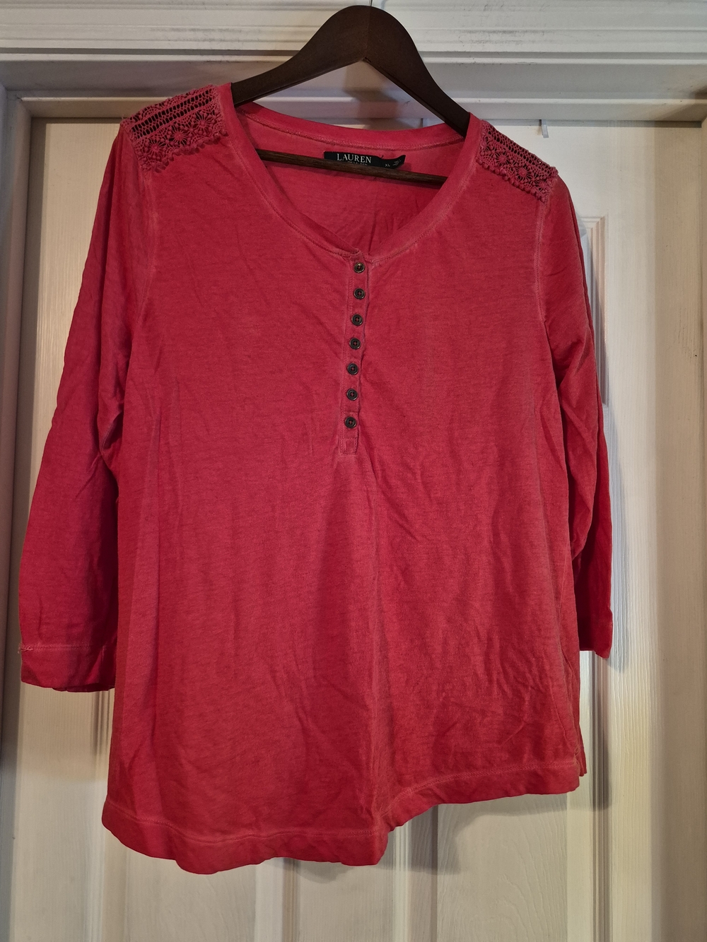 Lauren Ralph Lauren Red Crochet-Shoulder Henley Top Xl